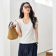 Vanciman Solid Color U-Neck Kurzärärmelte T-Shirt für Frauen im Sommer 2025 Neu einfaches und vielseitiges Schlankes Fit Top M9731 Off-White S