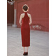 Jialong Mingxiu New Chinese Style Halter Dressing Dress Toast Wear Bride Cheongsam Small Improved Young Engagement Wedding Dress Women Summer Red S