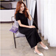 Zhongfanzhi super long dress with short sleeve cotton over-knee T-shirt skirt for women slim fit and slim summer slit ankle-length skirt for women black 9905 long skirt L