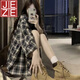 JEZE【棉质材质】韩版藏青色格子衬衫设计感长袖上衣女开衫春薄款宽松 宝蓝色16799-高品质格纹【z】 M