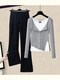 New women's suit spring and autumn gray fake two-piece tops bottoming shirt slit wide-leg casual pants three-piece set for women gray top + vest + gray pants three M