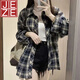 JEZE【棉质材质】韩版藏青色格子衬衫设计感长袖上衣女开衫春薄款宽松 宝蓝色16799-高品质格纹【z】 M