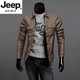 JEEP SPIRIT2025春秋新款男士皮衣外套帅气修身短款翻领PU机车韩版轻便皮夹克 棕色外套 (建议125-145斤) XL