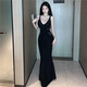 蝶霓斯夜店 名媛优雅性感V领显胸礼服长裙女王网纱露腰包臀连衣裙 黑色 M (95-105斤)