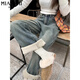 
Cotton American velvet thickened retro slim jeans for women in autumn and winter loose high waist draped straight-leg casual pants for women 683 retro blue [high quality without fleece 31.5] 2XL 130-140Jin [Jin equals 0.5 kg]