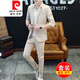 Pierre cardin summer thin 7-quarter sleeve suit men's suit plaid casual Korean style slim trendy handsome mid-sleeved small suit gray 9902 mid-sleeved + nine-quarter trousers = 1 set 3XL 185