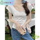Zhidou Dou echter Schuss Real Price Pure Desire Slim U-Neck Bambus Joint Cotton Kurzärmelte T-Shirt für Frauen in Sommerfront Schultern Sexy Colarbone Taille-Hugging Top 1391# Light Pink S