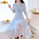 First-Pad French Tea Break V-Ausschnitt Schönes Blumenchiffon-Kleid für Frauen Sommer 2025 Neue Temperament Taille-Hugging Fairy Long Rock Green 736# [Versionskleid] XL [Empfohlen 120-135jin [Jin gleich 0,5 kg]]]