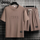 JEEP SPIRIT男士夏季套装青少年短袖t恤薄款冰丝两件套休闲运动服五分短裤子 套装-TZ829卡其【上衣+裤子】 XL 建议130-145斤