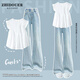 McTICCO Girls Summer 2025 Nouvelle célébrité Internet à la mode pour enfants Big Child Children à manches courtes Denim Flare Pantal