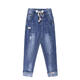 Shukaren ripped denim cropped pants for women summer thin elastic waist harem pants high waist Korean loose fat mm embroidered foot pants 3523# light blue 26