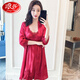 浪莎（LangSha）睡衣女夏性感冰丝薄款春秋蕾丝中长袖睡袍家居服吊带睡裙女两件套 1105酒红 M M