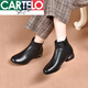 CARTELO Leather Martin Boots Women's Spring and Autumn Retro Short Boots Round toe Thick Heel Mom's Shoes Plus Fleece Thickened Small Nude Boots Brown Single Little 35