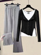 New women's suit spring and autumn gray fake two-piece tops bottoming shirt slit wide-leg casual pants three-piece set for women gray top + vest + gray pants three M