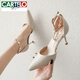 CARTELO high heel sandals for women 2025 summer new European and American fashion bag head shallow mouth hollow one-letter pearl buckle women's shoes 9208 white 5cm 36