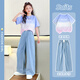 
NICKYBABY girls summer suit 2025 new fashionable children's short-sleeved wide-leg pants summer fashionable big children's casual two-piece set 15013 blue + 9922 white 120