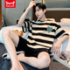 Catman (Miiow) reines Baumwollkurzarmpyjama für den Sommer-Dünnstil von Männern kann außen für Teenage Stripes Herren Home Clothes Lose Summer Style A679 L (empfohlen 115-135 Jin [Jin gleich 0,5 kg]) getragen werden.