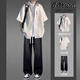 Anchu Sommer neues kurzärmeliges Hemd Herren-Sommer-Freizeitanzug High-End-Stil mit einem hübschen Blumenhemd dreiteils Set kurzärmeliges Hemd Weiß + kurzärmeliges Hemd + Jeans Blau [Drei Stücke XL hohe Qualität empfohlen 120-140jin [Jin gleich 0,5 kg]