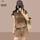 Вмески европейская станция Pure Cotton Wide Shorts Set Women's Women's 2025 Summer Loose Ship Shot Shoto Polo Casual Sport Trend Red [Краткий рукав + шорты с двумя частями] M Рекомендуется 95JIN [JIN равно 0,5 кг]