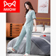 Catman (MiiOW) pajamas for women in summer pure cotton 2025 new short-sleeved trousers home clothing set for thin cotton suits 7374 bean green L 100 120Jin [Jin equals 0.5 kg]