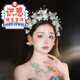Shien's new wedding dress headdress, sparkling diamond crown earrings, fashionable banquet dress, white gauze hair accessories, handmade hair hoop necklace set, silver crown + earring clip