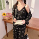 Ziwei Qifeng bow suspender pajamas for women with chest pad three-piece collar cardigan jacket long-sleeved home clothing set 13803 black three-piece set with chest pad 170 M suggestion 80-100