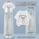 NICKYBABY girls summer suit 2025 new children's summer fashionable casual short-sleeved girls summer Korean jeans 13068 blue + 9981 white 160 cm