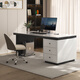 Verdanten minimalist modern style computer desk bedroom student study table new home slate desk study office writing desk black feet + off-white cabinet + snow mountain white glossy surface 140*60*75 single table with desktop row + threading hole + host position