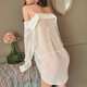 Shishishi sexy lingerie, sexy suspender nightgown with bow tie on the chest, see-through pajamas, tempting open-tailed thong, boyfriend style shirt, off-shoulder suspenders