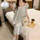 
Xiangyaxin summer chest pad short-sleeved nightgown for women woven cotton 2024 new summer sweet princess style home clothes pajama thin 9901-1 striped bear L
