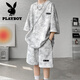 Playboy (PLAYBOY) summer suit men's niche design tie-dyeing 7-quarter sleeve T-shirt shorts trendy cool big size men's clothing set TZ757 tie-dyeing black L (recommended 110-125 Jin [Jin equals 0.5 kg])