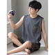 LangSha pajamas men's summer cotton silk vest sleeveless shorts loose plus large size casual style thin home clothing set NJR-LX12027 blue striped pants round neck pullover 2XL [Please contact customer service size]