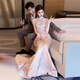 Seasonal cheongsam wedding dress new Chinese style fishtail bride 2025 new texture pink back door wedding engagement banquet toast dress pink M