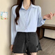 Miao Yijia long-sleeved shirt women's blue shirt women's 2025 spring new style foreign style light luxury high-end casual jacket commuting style solid color Korean style loose lapel shirt light blue one size fits all recommended 120Jin Jin equals 0.5 kg within