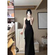 XIANXIU 1391 Vestido de cabestro de cuello estilo recompra para mujeres en verano negro con cintura con almohadilla de pecho de falda larga (con almohadilla de pecho) s
