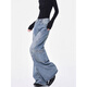 Gemas coloridas Azul Pantalones de piso de drapeado retro de jeans con ceño ancho de caña ancha