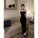 
Plain brocade halter neck sling dress for women pure desire style design dress long skirt spring and summer waist-hugging slim princess skirt halter neck bow slim slit skirt [S]