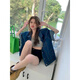 南糖三色港风牛仔短袖衬衫外套女2025夏季新款深蓝色设计感宽松中长款上衣 蓝色#9435 S