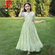 皮尔卡丹（pierre cardin）女童连衣裙夏装2025新款洋气儿童雪纺碎花裙薄款大童夏天棉布裙子 6630绿色 赠珍珠发箍 M 120c