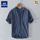 ROMON Henry collar linen short-sleeved shirt men's collarless men's cotton and linen shirt t-shirt top polo shirt summer Chinese style light blue 2XL suitable for 145-160Jin Jin equals 0.5 kg left