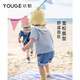 YOUGE Little Mint Summer duck-shaped soft and breathable loose navy style top and shorts set blue and white plaid (shirt) 80 cm