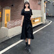 Fhhuabd Internet célébrité robe blanche pour les femmes en été, pure, mince et margeant la taille, sweet premier amour robe à manches bouffantes 695 # [Black Short] S 90jin [Jin est égal à 0,5 kg] peut être porté à l'intérieur