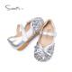 Snuffy girls' leather shoes spring and autumn children's crystal shoes bright diamond princess shoes little girl's comfortable soft sole shoes moonlight silver 27