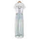 NICKYBABY girls summer suit 2025 new children's summer fashionable casual short-sleeved girls summer Korean jeans 13068 blue + 9981 white 160 cm