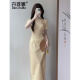 
DanZhuNa purple new Chinese dress 2025 summer new women's clothing girl's young improved temperament cheongsam long skirt 9764 yellow cheongsam (no accessories) 2XL
