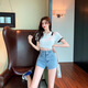 
S.SOFEA Korean style slimming wide-leg denim shorts for women in summer new casual loose letter hot pants black [high quality] 6195 S