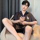 浪莎（LangSha）男士睡衣夏季冰丝短袖裤纯色黑色夏天薄款男生仿真 丝家居服套装 G834 L 建议身高170左右体重100-130