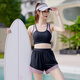 Kebo large-size swimsuit women 200 Jin [Jin equals 0.5 kg] Hot spring split conservative sun protection trousers jellyfish diving suit sports suit swimsuit black and purple four-piece set 5XL
