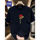 Camiseta de manga corta Romon para parejas, camiseta impresa en cuello redonda moderna, algodón tapa de algodón versátil simple versátil simple, verano, imagen grande del frente negro, K1049 Rose rojo individual, L, 120-140Jin recomendado [Jin equivale a 0.5 kg]