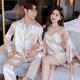 Modal couples pajamas spring and autumn long-sleeved ice silk sexy suspender nightgown for women and men two-piece home clothes 002 champagne color long-sleeved couple's robe 2XL female XXL male L